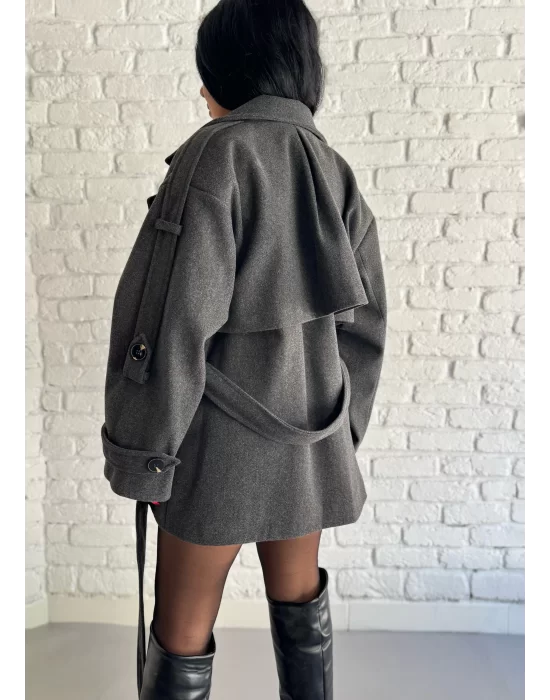 Kadın Kuşaklı Oversize Kısa Kaşe Kaban