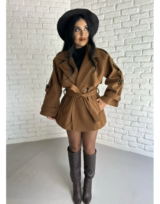 Kadın Kuşaklı Oversize Kısa Kaşe Kaban