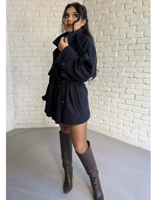 Kadın Kuşaklı Oversize Kısa Kaşe Kaban