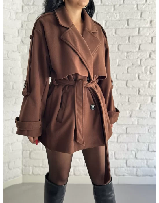 Kadın Kuşaklı Oversize Kısa Kaşe Kaban