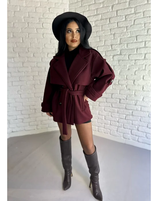 Kadın Kuşaklı Oversize Kısa Kaşe Kaban
