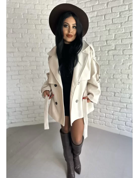 Kadın Kuşaklı Oversize Kısa Kaşe Kaban