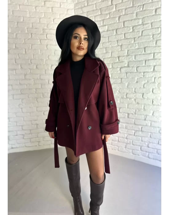 Kadın Kuşaklı Oversize Kısa Kaşe Kaban