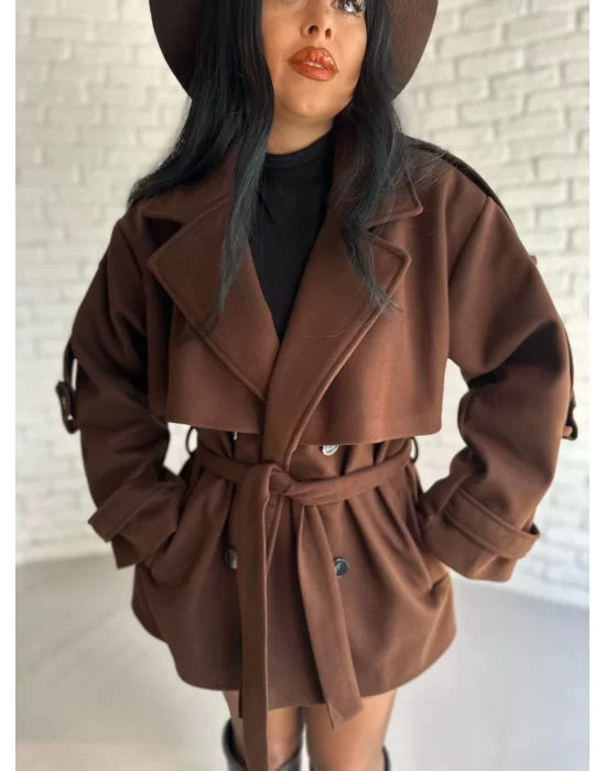 Kadın Kuşaklı Oversize Kısa Kaşe Kaban