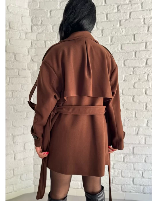 Kadın Kuşaklı Oversize Kısa Kaşe Kaban