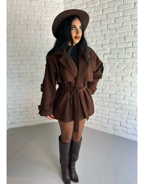 Kadın Kuşaklı Oversize Kısa Kaşe Kaban