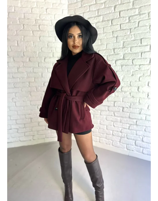 Kadın Kuşaklı Oversize Kısa Kaşe Kaban
