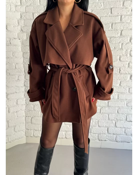Kadın Kuşaklı Oversize Kısa Kaşe Kaban