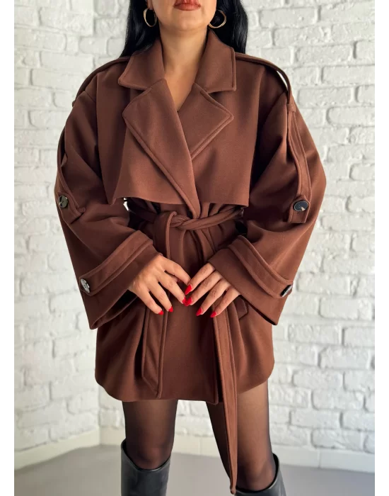 Kadın Kuşaklı Oversize Kısa Kaşe Kaban