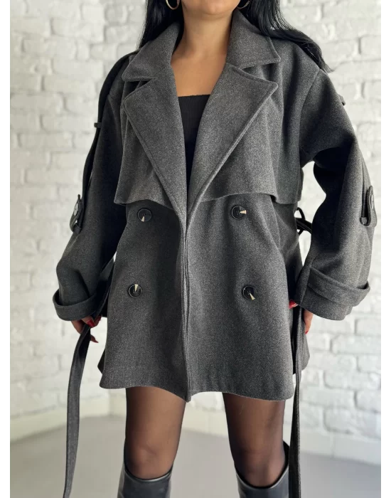 Kadın Kuşaklı Oversize Kısa Kaşe Kaban