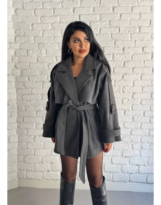 Kadın Kuşaklı Oversize Kısa Kaşe Kaban