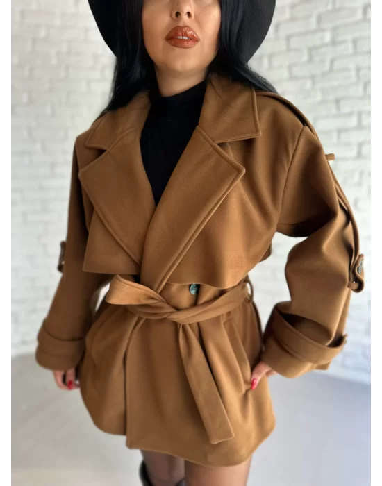 Kadın Kuşaklı Oversize Kısa Kaşe Kaban