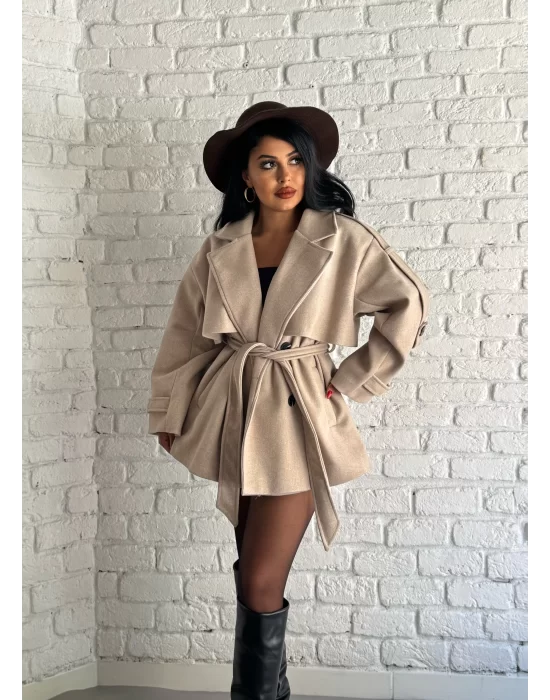 Kadın Kuşaklı Oversize Kısa Kaşe Kaban