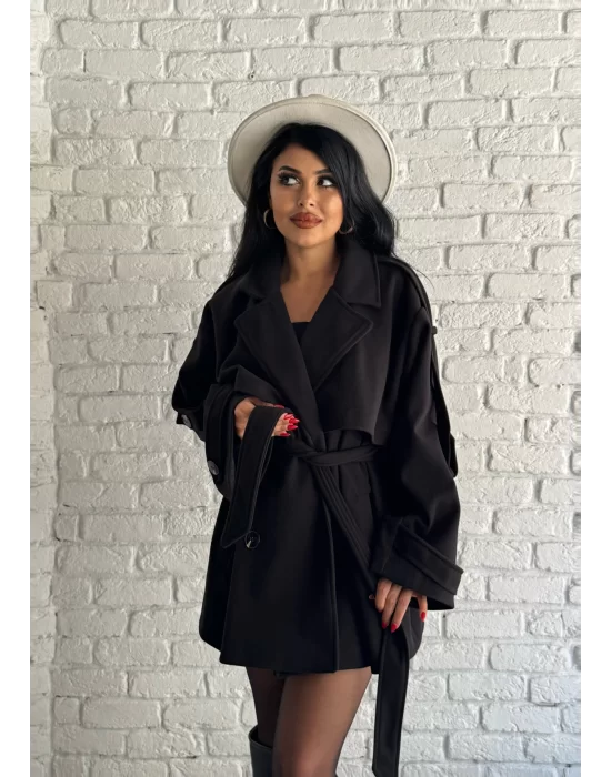 Kadın Kuşaklı Oversize Kısa Kaşe Kaban