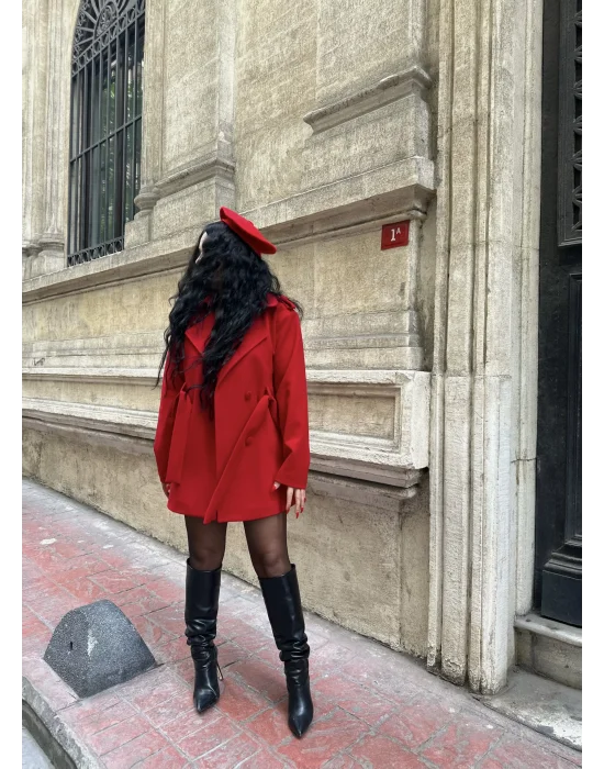 Kadın Önü Düğmeli Astarlı Kısa Kaşe Kaban