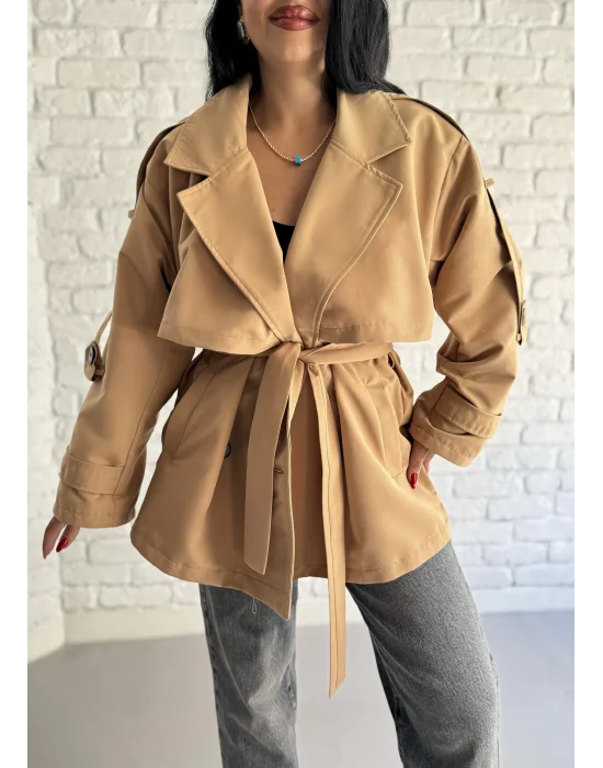 Kadın Oversize Kuşaklı Astarlı Premium Trençkot