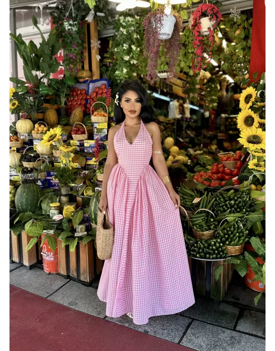 Kadın Pembe Pötikareli Prenses Elbise