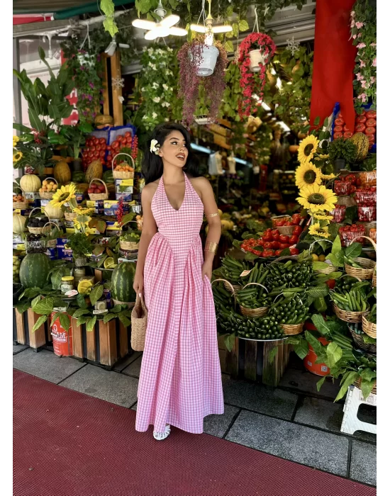 Kadın Pembe Pötikareli Prenses Elbise