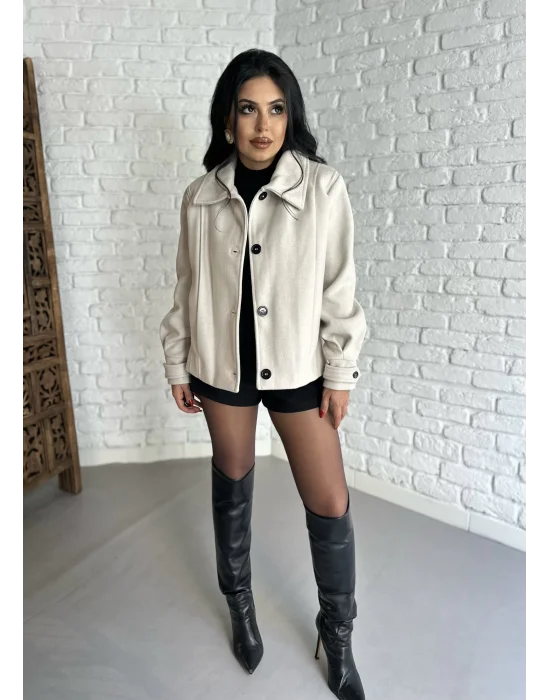 Kadın Pile Detaylı Astarlı Kısa Kaşe Kaban