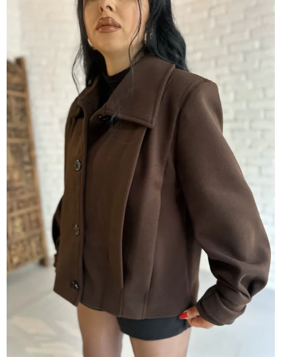 Kadın Pile Detaylı Astarlı Kısa Kaşe Kaban