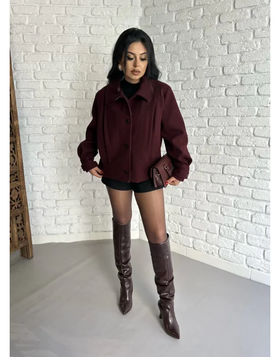 Kadın Pile Detaylı Astarlı Kısa Kaşe Kaban