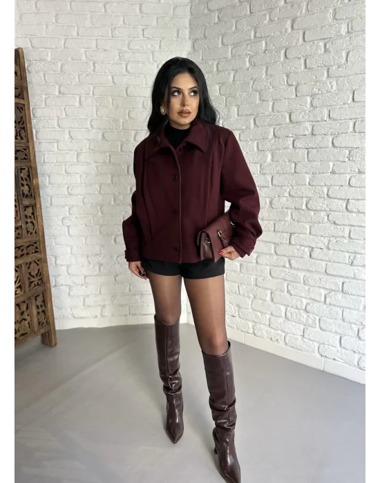 Kadın Pile Detaylı Astarlı Kısa Kaşe Kaban