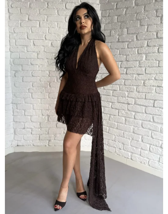 Kadın Pileli Boyundan Düğmeli İçi Şortlu Mini Dantel Elbise