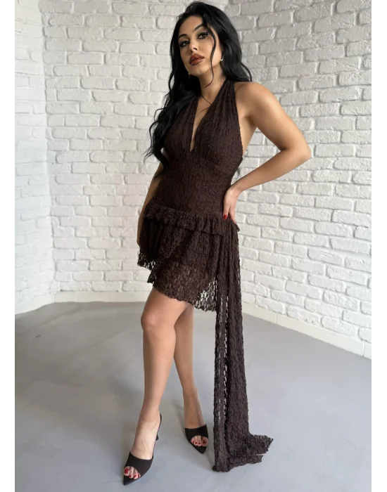 Kadın Pileli Boyundan Düğmeli İçi Şortlu Mini Dantel Elbise