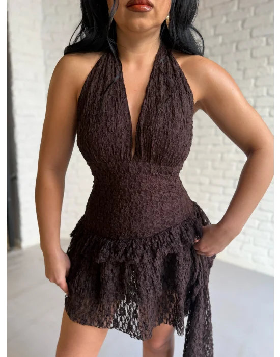 Kadın Pileli Boyundan Düğmeli İçi Şortlu Mini Dantel Elbise