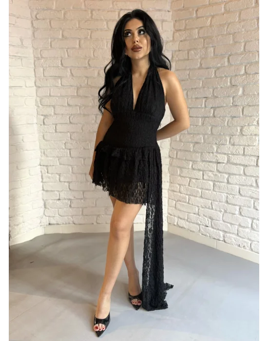 Kadın Pileli Boyundan Düğmeli İçi Şortlu Mini Dantel Elbise