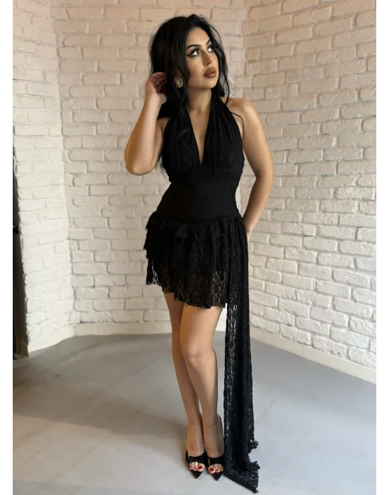 Kadın Pileli Boyundan Düğmeli İçi Şortlu Mini Dantel Elbise