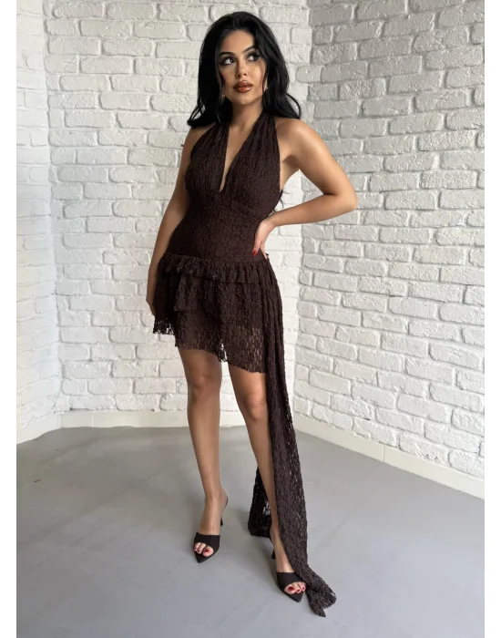 Kadın Pileli Boyundan Düğmeli İçi Şortlu Mini Dantel Elbise