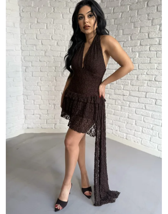 Kadın Pileli Boyundan Düğmeli İçi Şortlu Mini Dantel Elbise