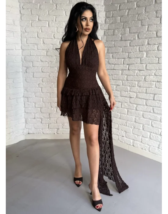 Kadın Pileli Boyundan Düğmeli İçi Şortlu Mini Dantel Elbise