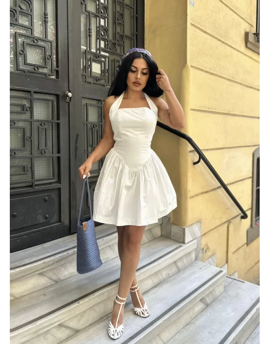 Kadın Poplin Kumaş Boyundan Bağlamalı Mini Elbise