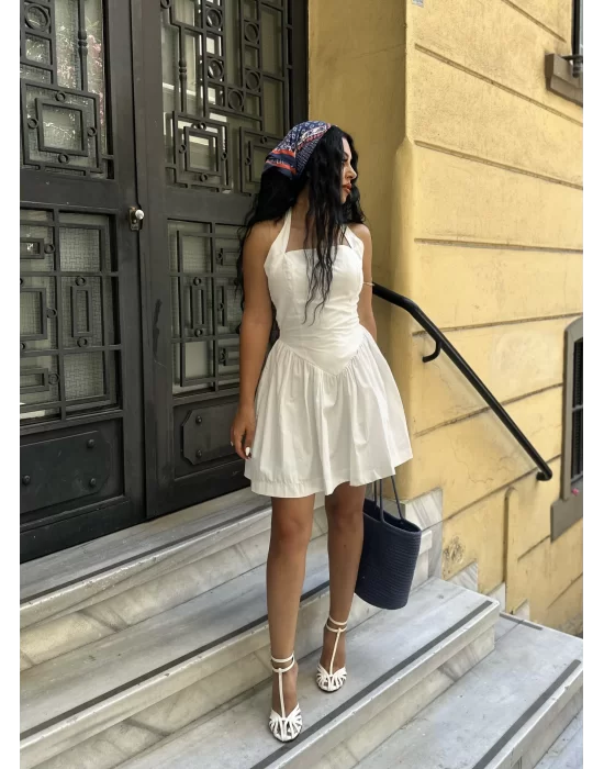 Kadın Poplin Kumaş Boyundan Bağlamalı Mini Elbise