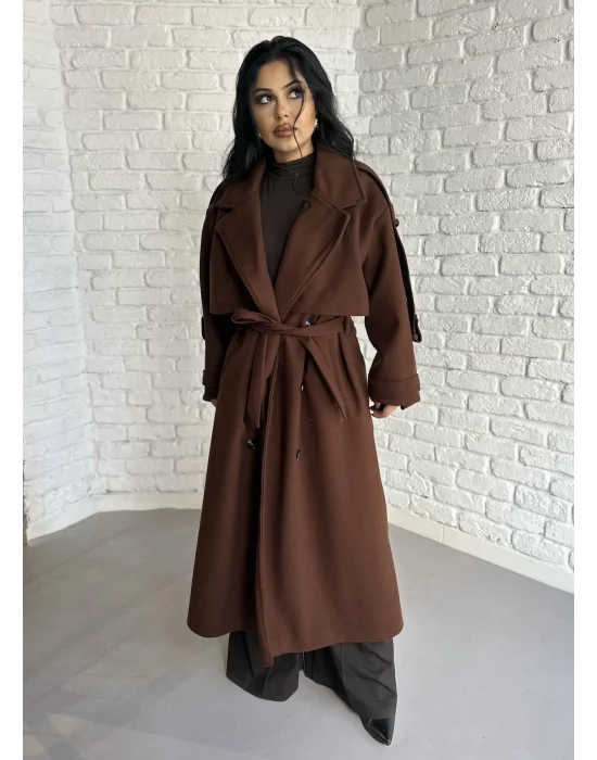 Kadın Premium Uzun Kuşaklı Astarlı Kaban