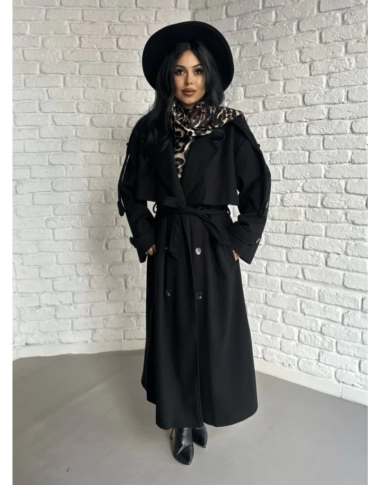 Kadın Premium Uzun Kuşaklı Astarlı Kaban