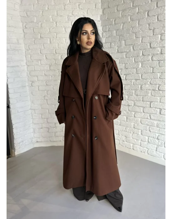 Kadın Premium Uzun Kuşaklı Astarlı Kaban
