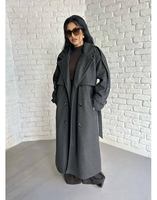 Kadın Premium Uzun Kuşaklı Astarlı Kaban