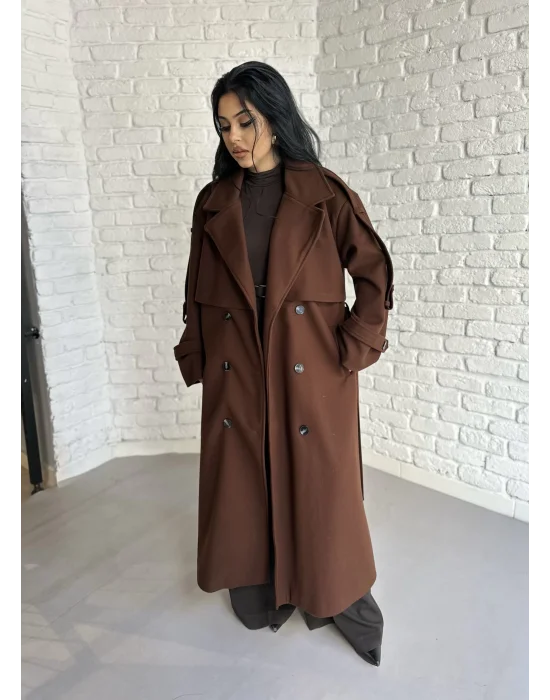 Kadın Premium Uzun Kuşaklı Astarlı Kaban