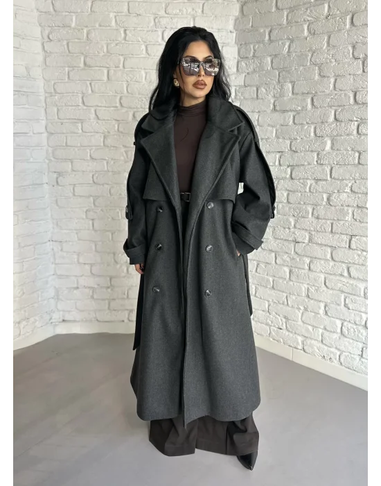 Kadın Premium Uzun Kuşaklı Astarlı Kaban