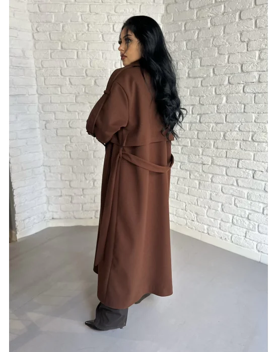 Kadın Premium Uzun Kuşaklı Astarlı Kaban
