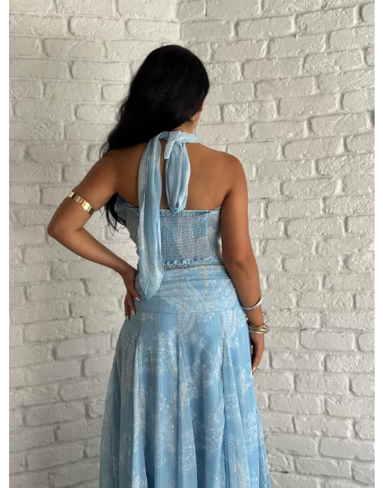 Kadın Şal Desen Crop Ve Etek Takım
