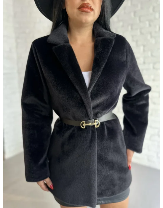 Kadın Tay Tüylü Astarlı Kemerli Blazer Ceket