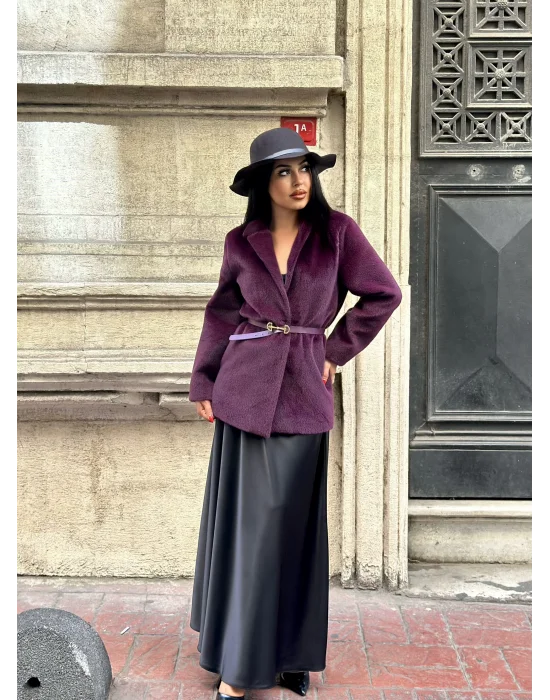 Kadın Tay Tüylü Astarlı Kemerli Blazer Ceket