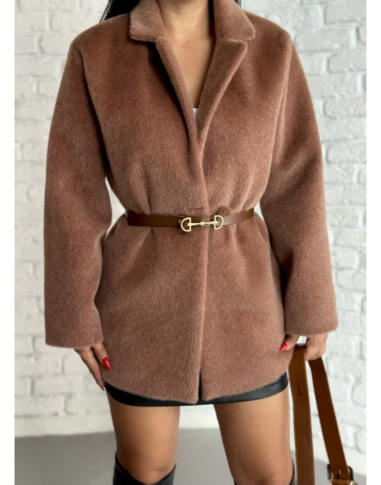 Kadın Tay Tüylü Astarlı Kemerli Blazer Ceket