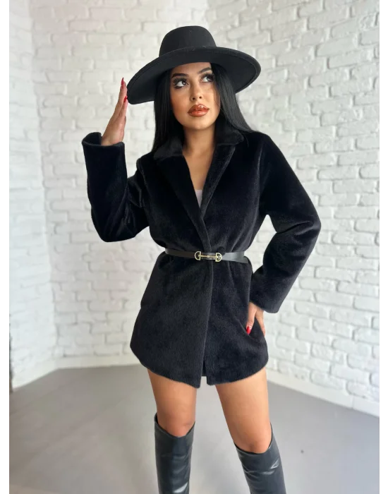 Kadın Tay Tüylü Astarlı Kemerli Blazer Ceket
