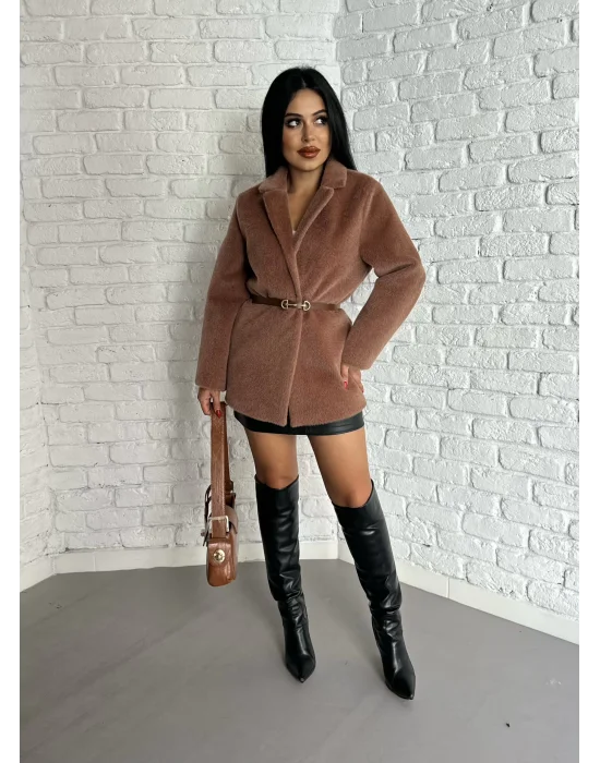 Kadın Tay Tüylü Astarlı Kemerli Blazer Ceket