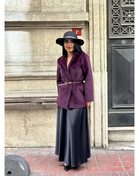 Kadın Tay Tüylü Astarlı Kemerli Blazer Ceket